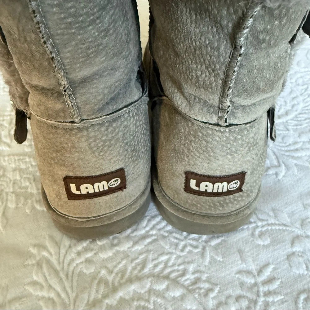 LAM Cozy Gray Faux SuedeFur-Lined Boots with Buckles. Size 8